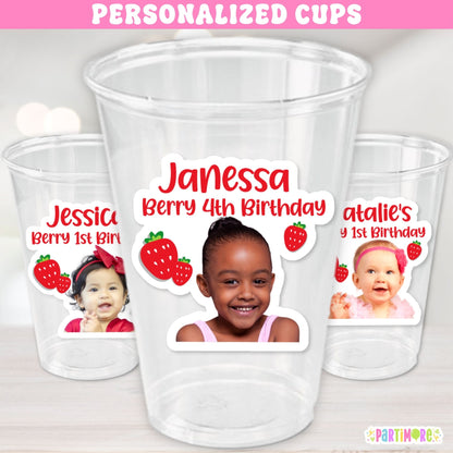 Personalized strawberry birthday cups with name age and photo for a Berry First Birthday party, set of 12 clear 16 oz plastic cups