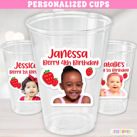 Personalized strawberry birthday cups with name age and photo for a Berry First Birthday party, set of 12 clear 16 oz plastic cups