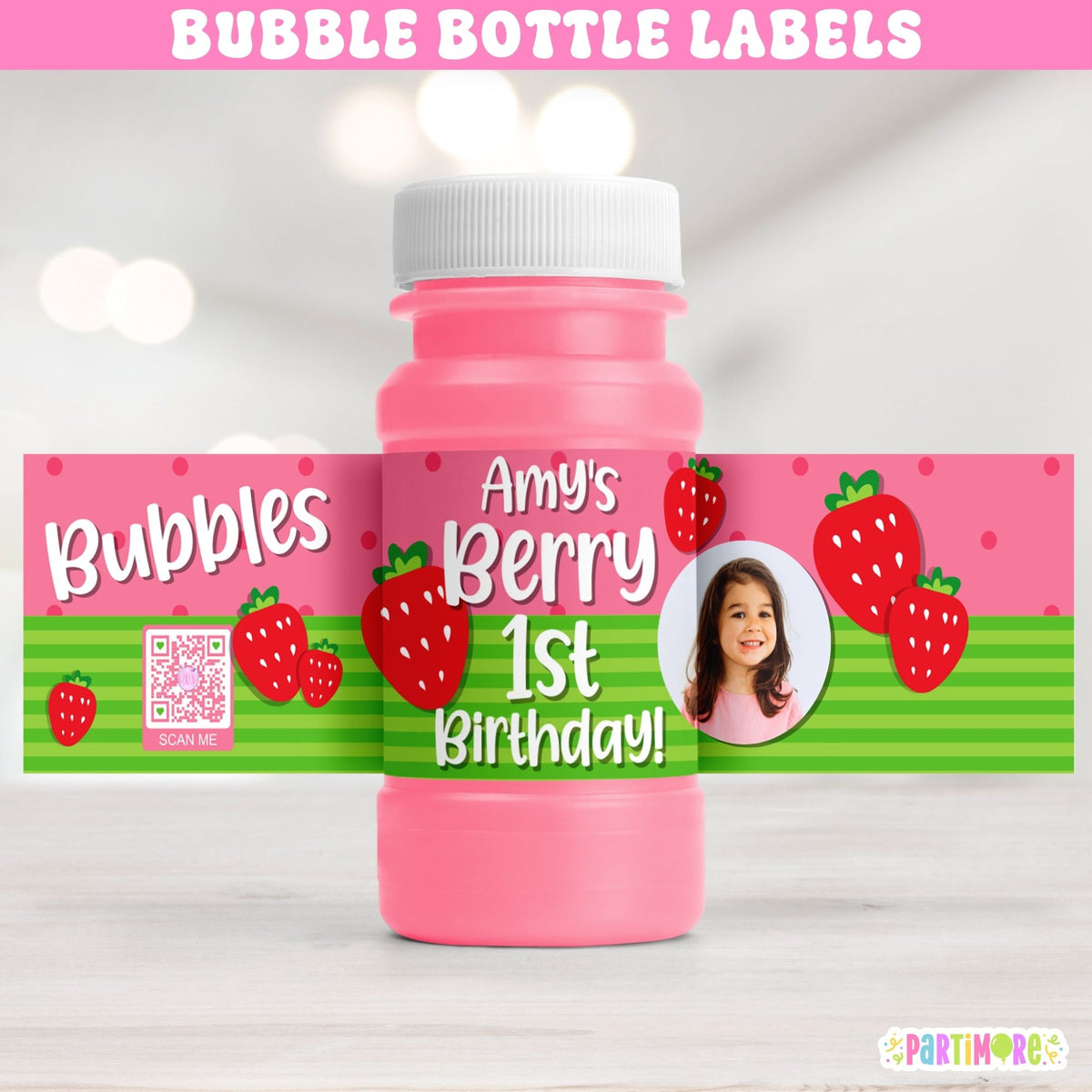 Set of 12 personalized strawberry bubble bottle labels with name age and photo for Berry First Birthday party favors