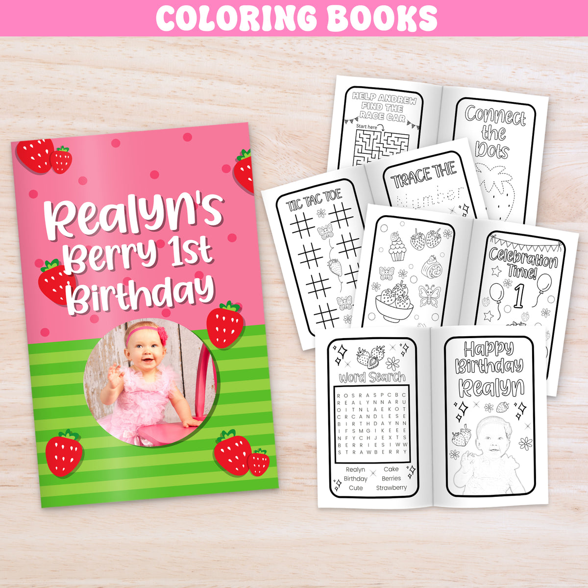 Set of 12 personalized strawberry coloring books with 8 activity pages, name word search and photo for Berry First Birthday party favors