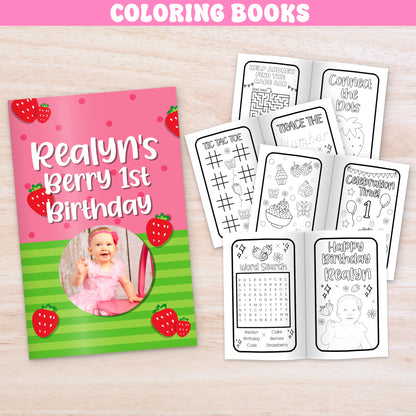 Set of 12 personalized strawberry coloring books with 8 activity pages, name word search and photo for Berry First Birthday party favors