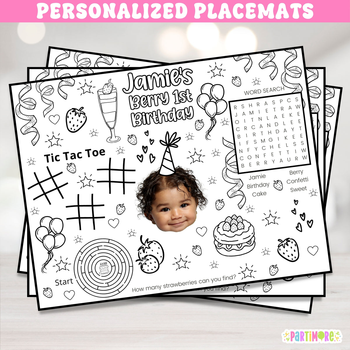 Personalized strawberry coloring placemat with name age and photo for a Berry First Birthday party, set of 12 kids activity placemats