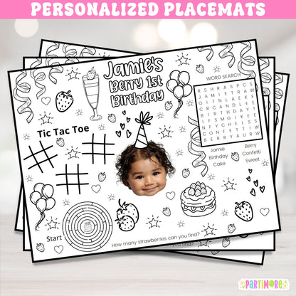 Personalized strawberry coloring placemat with name age and photo for a Berry First Birthday party, set of 12 kids activity placemats