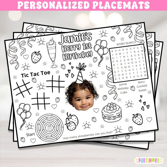 Personalized strawberry coloring placemat with name age and photo for a Berry First Birthday party, set of 12 kids activity placemats