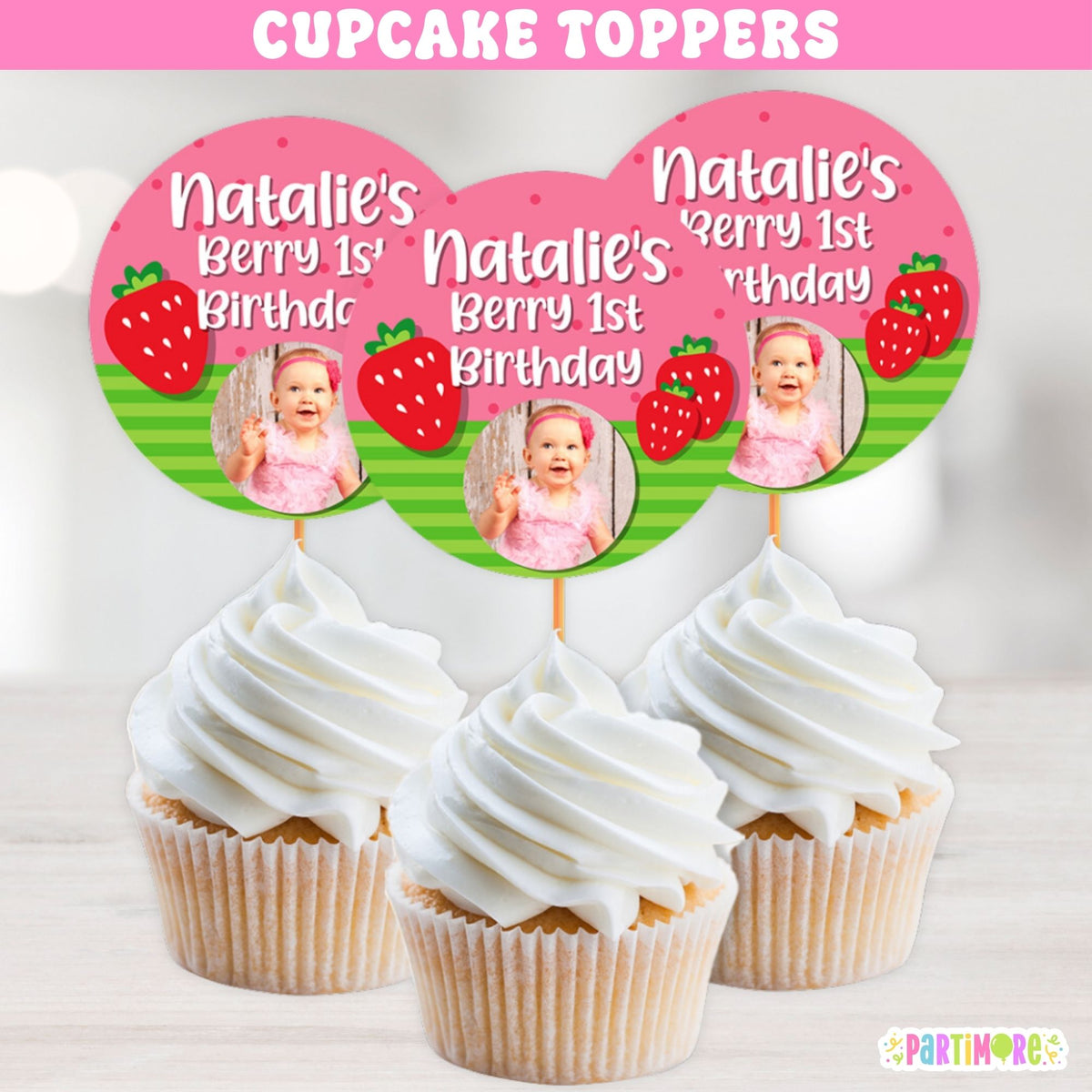 Set of 12 personalized strawberry cupcake toppers with name age and photo for a Berry First Birthday or strawberry birthday party
