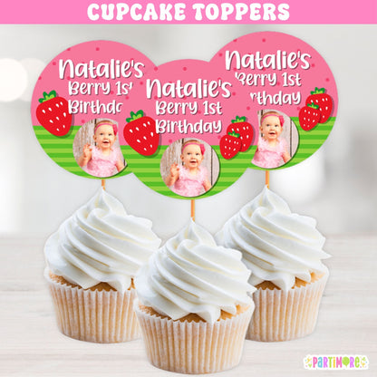 Set of 12 personalized strawberry cupcake toppers with name age and photo for a Berry First Birthday or strawberry birthday party