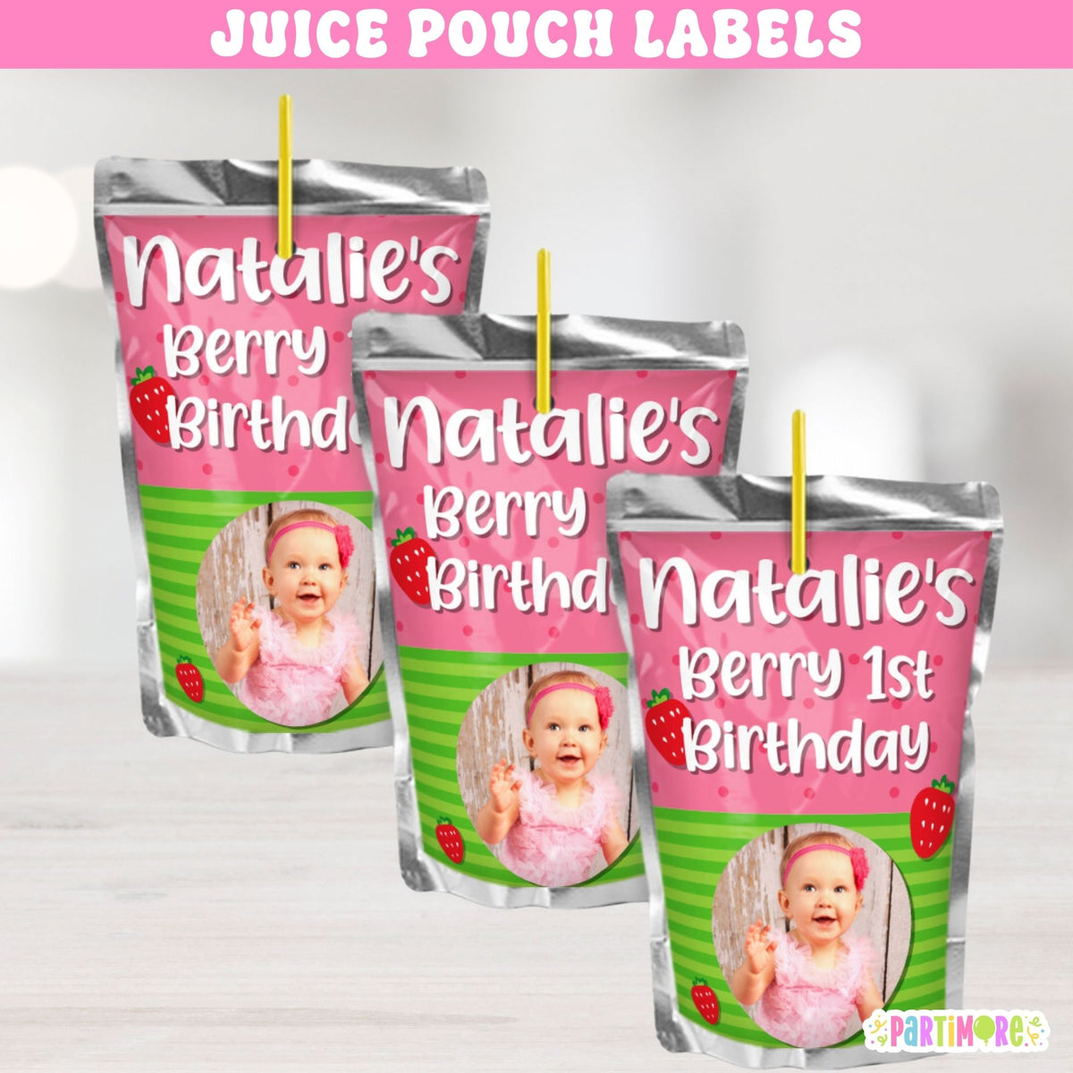 Set of 12 personalized strawberry juice pouch labels with name age and photo for Berry First Birthday party drinks and favors