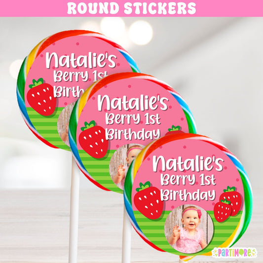 Set of 12 personalized 3 inch strawberry stickers with name age and photo for Berry First Birthday party favors
