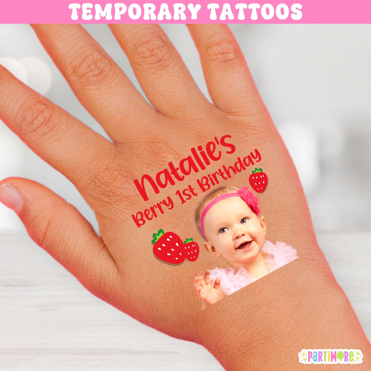 Set of 20 personalized strawberry temporary tattoos with name age and photo for Berry First Birthday party favors