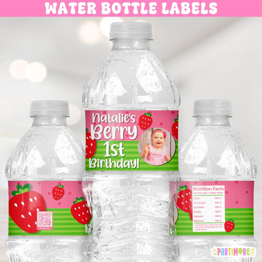 Set of 12 personalized strawberry water bottle labels with name age and photo for a Berry First Birthday or strawberry birthday party