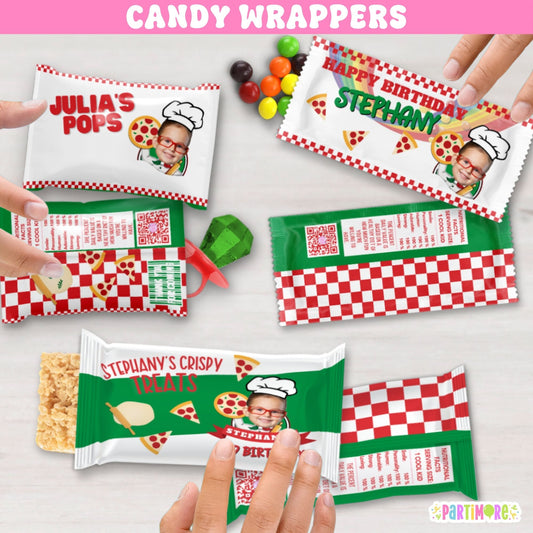 Pizza candy wrappers available in three styles for One Big Slice first birthday and pizza birthday party favors, sold separately in sets of 12