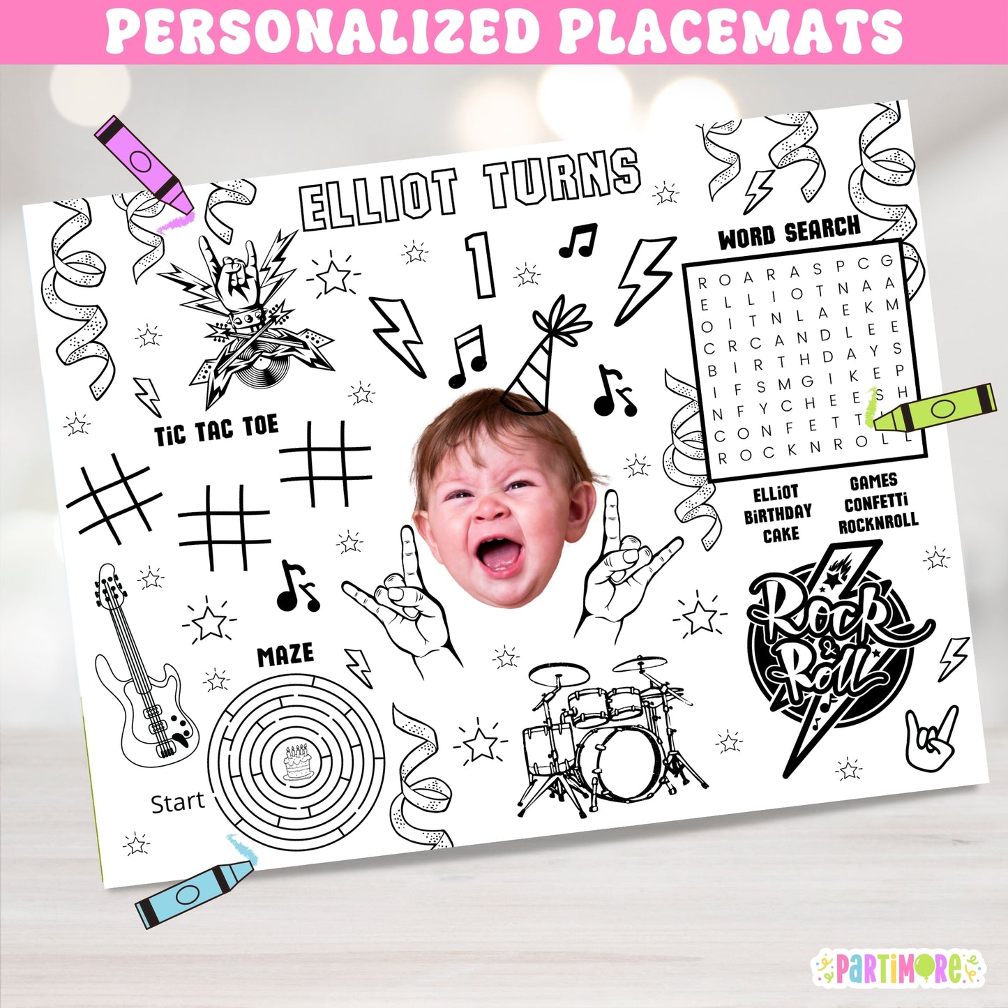 Rock And Roll Birthday Coloring Placemat Activity Sheets For Kids, Rock Star Party Favors, Born Two Rock, One Rocks, Punk Rock Guitar Drums Music