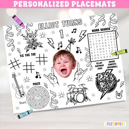 Rock And Roll Birthday Coloring Placemat Activity Sheets For Kids, Rock Star Party Favors, Born Two Rock, One Rocks, Punk Rock Guitar Drums Music