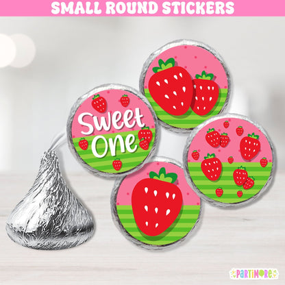 96 mini strawberry stickers in 4 assorted designs for Berry First Birthday party favors, bottle caps, envelopes and treat packaging
