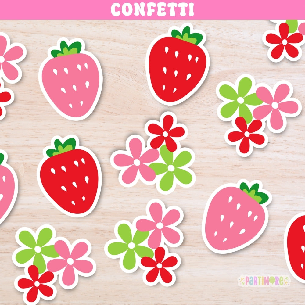 100 piece strawberry party confetti set with assorted strawberry and flower designs for Berry First Birthday table decorations